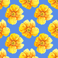 Seamless pattern of yellow poppy flowers painted with watercolours.  Floral illustration on a blue background. Botanical of garden and wild plants. For fabric, sketchbook, wallpaper, wrapping paper.