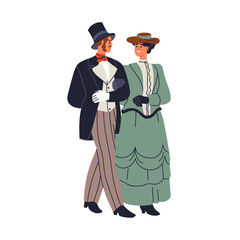 19th century aristocrat couple. Noble man and woman strolling, walking. Elegant gentleman and lady in historic victorian vintage dress and suit. Flat vector illustration isolated on white background