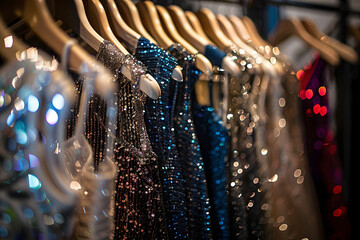 Luxurious evening dresses in sequins on hangers in the fitting room.  - obrazy, fototapety, plakaty