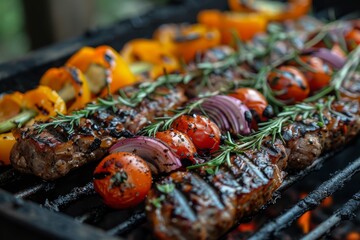 Charred kebabs and vegetables on a grill, symbolizing the joys of outdoor cooking and summer...