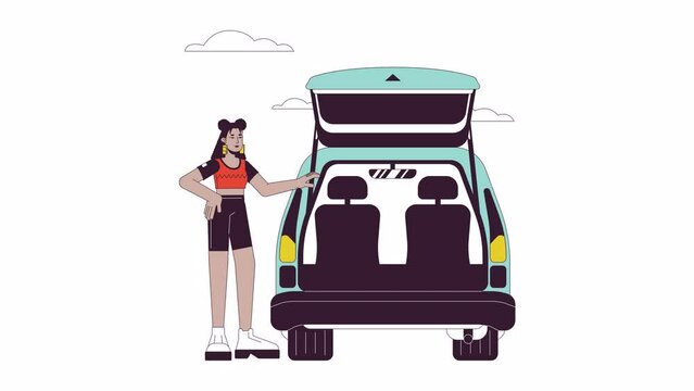 Latina woman near car trunk line 2D character animation. Preparing for road trip flat color cartoon 4K video, alpha channel. Empty car boot, young hispanic female animated person on white background