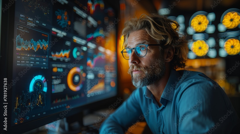 Poster a mature professional intently reviews complex data across several computer screens, highlighting an