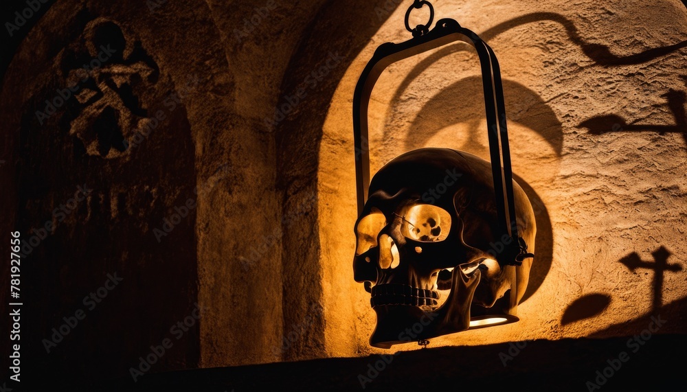 Poster a lantern with a skull design casts a foreboding shadow in an ancient crypt, adding to the chilling 