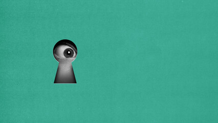 Wide open female eye looking into keyhole on green background. Contemporary art collage. Shock and fascination with unknown. Conceptual design. Concept of creativity, abstract art, imagination