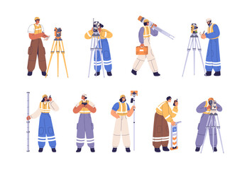 Surveyor engineers with geodetic surveying equipment set. Geodesy workers with topographic survey tools and measurement devices, theodolite. Flat vector illustration isolated on white background - obrazy, fototapety, plakaty