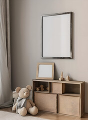 empty Mockup white frame in children room interior background, 3D render ,show products , toys , Cabinetry, wooden floor, Mockup frames, rug