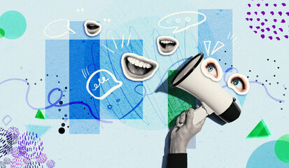 Loudspeaker with human eyes and mouth - Photo collage design - obrazy, fototapety, plakaty