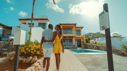 A young african american couple is holding hands and looking at a luxurious house with a pool, considering it as their potential new home.