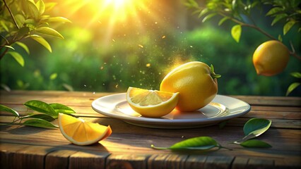 Several ripe lemons and their slices rest on a white plate atop a rustic wooden table, illuminated by the warm glow of the morning sun filtering through the greenery, with a sunbeam highlighting the m - obrazy, fototapety, plakaty