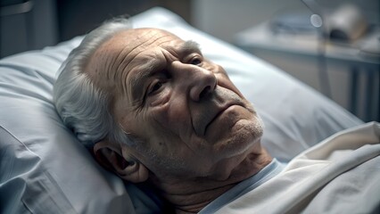 An elderly sad man lies in a ward with a serious illness. Close up photo of a sick man - obrazy, fototapety, plakaty