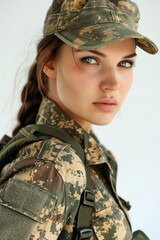 studio portrait of beautiful military woman soldier on white background