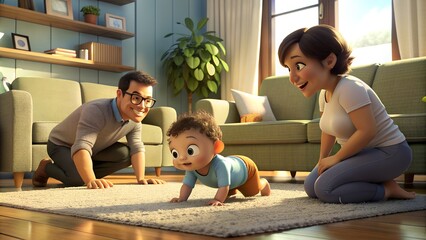 Animated Family Enjoying Time Together as Baby Takes First Crawl Indoors at Sunset