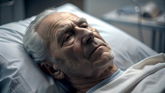 An elderly sad man lies in a ward with a serious illness. Close up photo of a sick man