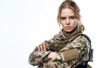 studio portrait of beautiful military woman soldier on white background