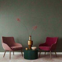 Minimalist living room space in shades of green and burgundy with armchairs, a table and a vase, slightly referring in style to the 1960s and 1970s