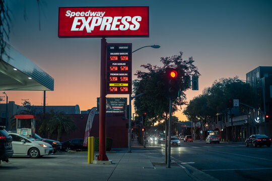 LOS ANGELES - April 9, 2024: High gas prices displayed outdoor at Speedway Express gas station on Santa Monica Blvd in West Hollywood, CA.