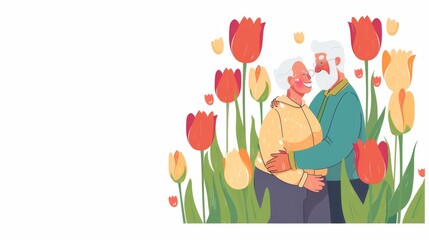 Elderly Couple Embracing Amidst Blooming Tulips Illustration