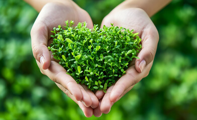 Holding a Heart of Green. Hands holding green heart shaped grass.