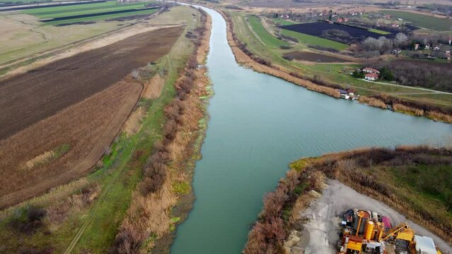 Drone captures the confluence of river Bega and canal DTD near town Zrenjanin