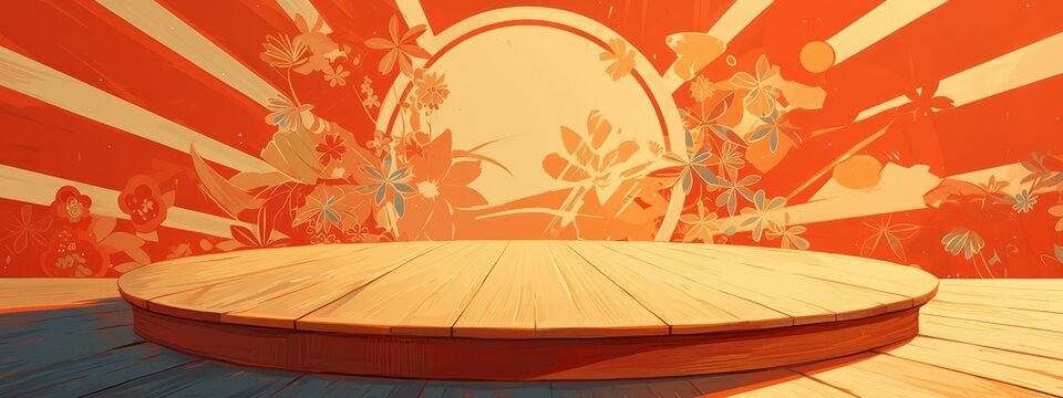 A large round red and white circus podium on the floor with a painted background of Japanese rising sun