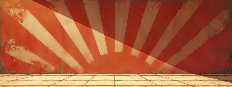 A large round red and white circus podium on the floor with a painted background of Japanese rising sun. 