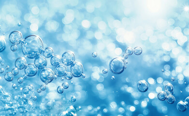 Blue transparent water bubbles molecules and atoms