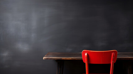 Empty red wooden school chair against a black chalkboard in school.
