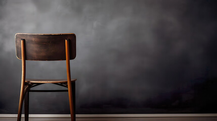 Empty wooden school chair against a black chalkboard in school.