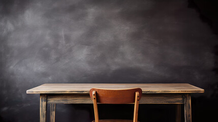 Empty wooden school chair against a black chalkboard in school.