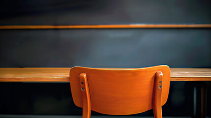 Orange empty wooden school chair and table against a black chalkboard in school.