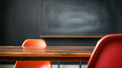 Orange two empty wooden school chair and table against a black chalkboard in school.