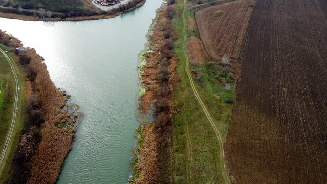 Aerial video of the confluence of river Bega and canal DTD near town Zrenjanin
