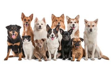 Naklejka na ściany i meble Group of pets isolated, Adorable Group of Puppies and Dogs, Various Breeds, Sitting Together on White Background.