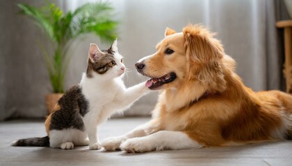 A cat and a dog playing with each other.