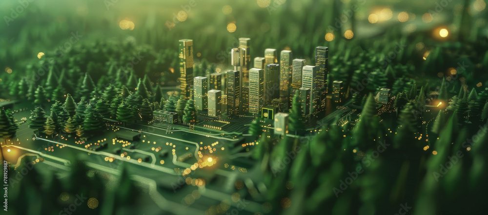Poster a highly detailed and realistic image of an ai circuit board depicting a city surrounded by forest