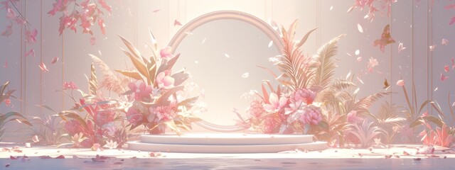 A podium with pastel pink and peach tones, surrounded by tropical plants and flowers.