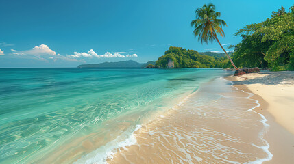 exotic beach with palm trees swaying in the breeze and turquoise waters lapping against white sands
