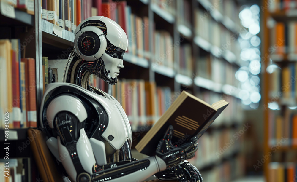 Poster ai robot sitting and reading book in library. embracing knowledge in the digital age.