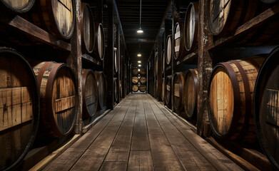 Whiskey, bourbon, scotch barrels in an aging facility - obrazy, fototapety, plakaty