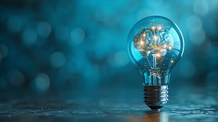 Illuminate Creativity Light Bulb Adorned with Brain Pattern, Symbolizing Innovative Thinking, Shining Against a Simple Blue Background