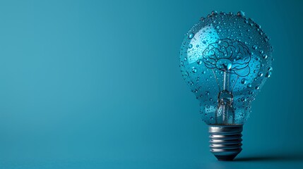 Illuminate Creativity Light Bulb Adorned with Brain Pattern, Symbolizing Innovative Thinking, Shining Against a Simple Blue Background