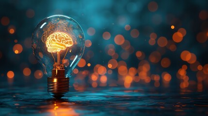 Bright Ideas Light Bulb with Brain Pattern Design Signifying Creative Thinking and Innovation, Against a Plain Blue Background