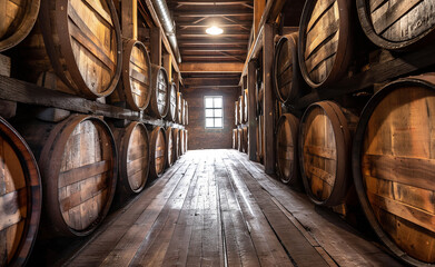 Naklejka premium Whiskey, bourbon, scotch barrels in an aging facility