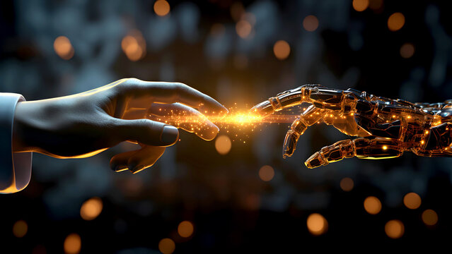 AI technology concept Robotic hand reaching out towards human hand against dark backdrop with particles suggesting digital connection