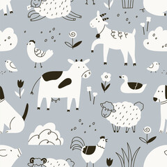 Farm animals, seamless pattern design in Scandinavian doodle style. Black and white kids background, countryside, country nature with cute chicken, cow, goat, sheep and dog. Flat vector illustration - obrazy, fototapety, plakaty