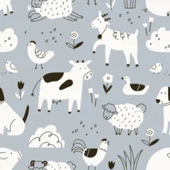 Rolgordijnen Farm animals, seamless pattern design in Scandinavian doodle style. Black and white kids background, countryside, country nature with cute chicken, cow, goat, sheep and dog. Flat vector illustration © Good Studio