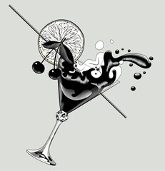 Splash of cherry cocktail in a falling cone glass with a slice of lemon, cherries and a drinking straw. Drawing in vintage engraving style. Vector illustration