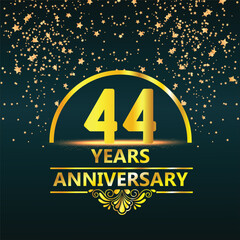 44 years anniversary celebration, anniversary celebration template design with gold color isolated on black brush background. vector template illustration
