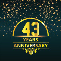 43th Anniversary logo design with golden numbers and red ribbon for anniversary celebration event, invitation, wedding, greeting card, banner, poster, flyer, brochure, book cover. Logo Vector Template