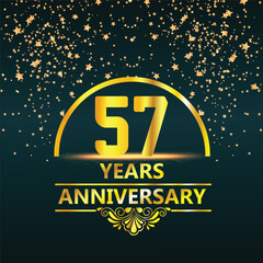 57th Anniversary logo design with golden numbers and red ribbon for anniversary celebration event, invitation, wedding, greeting card, banner, poster, flyer, brochure, book cover. Logo Vector Template